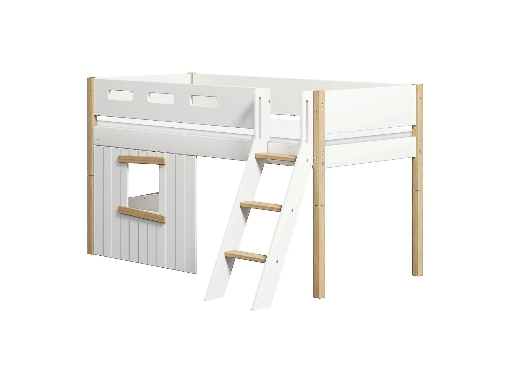 Mittelhohes Bett, mit Schrägleiter & Baumhaus-Bettenfronten, Holz