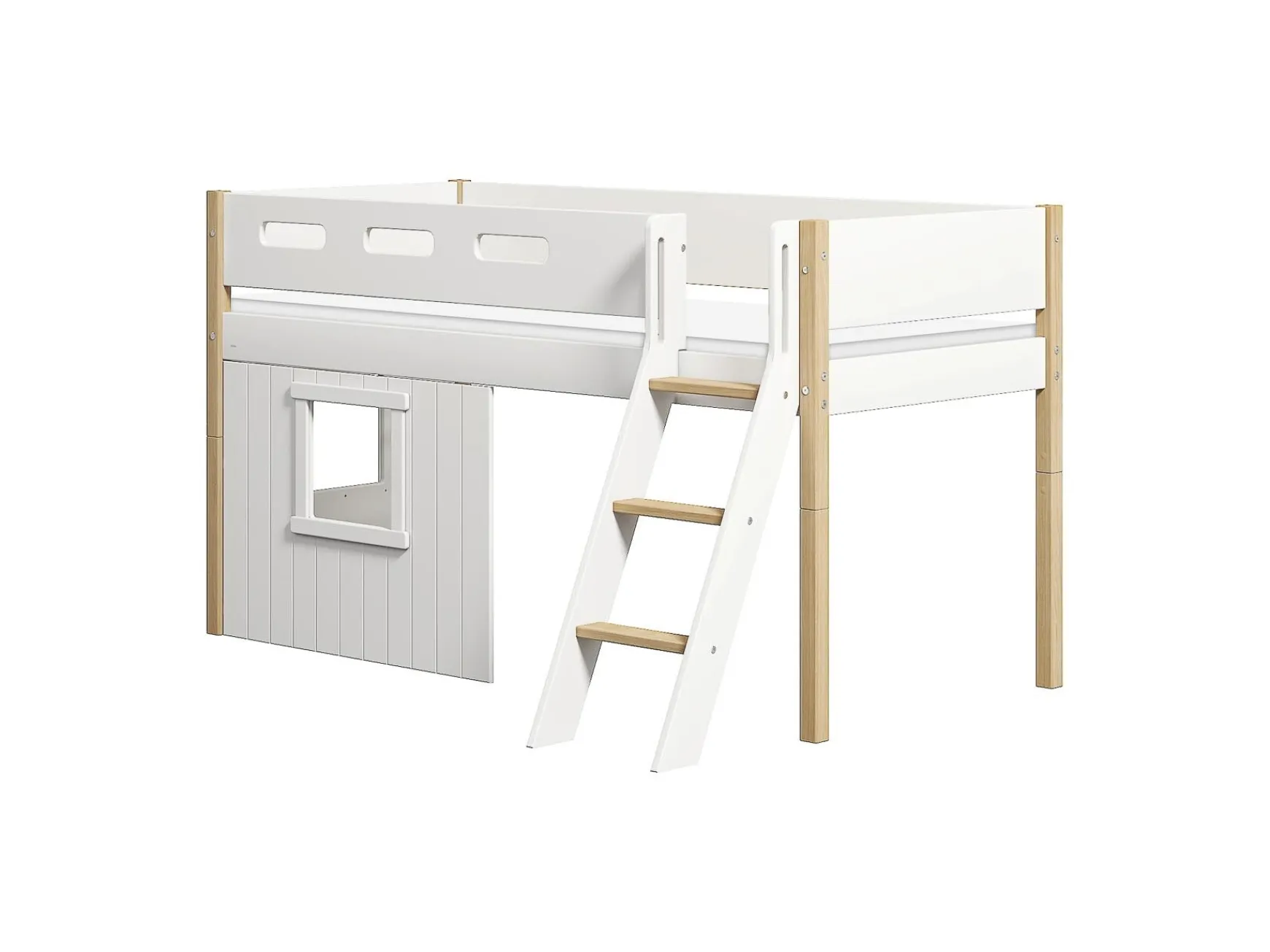 Mittelhohes Bett, mit Schrägleiter & Baumhaus-Bettenfronten, weiß