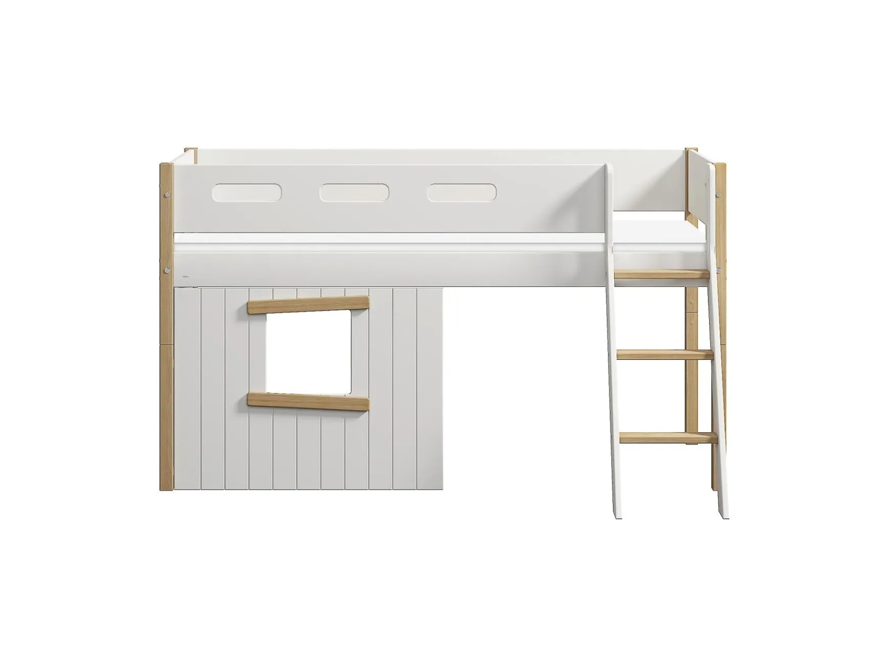 Mittelhohes Bett, mit Schrägleiter & Baumhaus-Bettenfronten, Holz