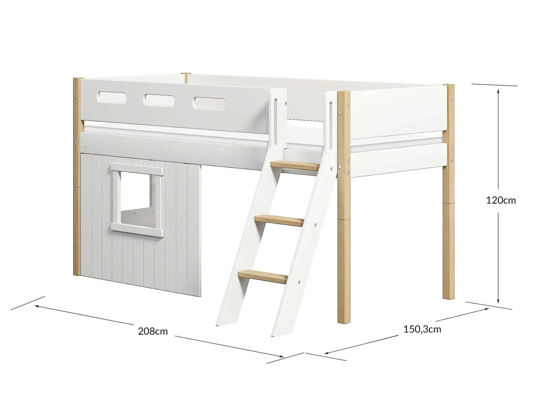 Mittelhohes Bett, mit Schrägleiter & Baumhaus-Bettenfronten, weiß