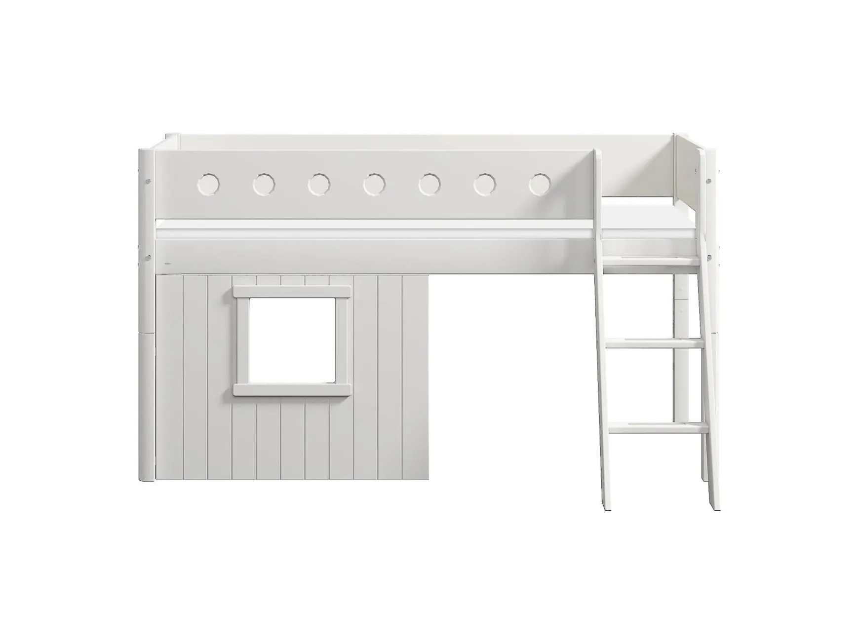 Mittelhohes Bett, mit Schrägleiter & Baumhaus-Bettenfronten, weiß