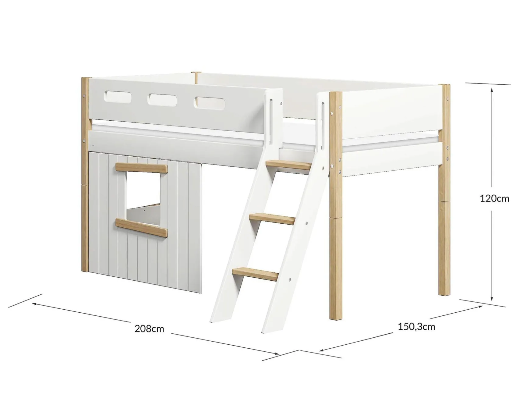Mittelhohes Bett, mit Schrägleiter & Baumhaus-Bettenfronten, Holz